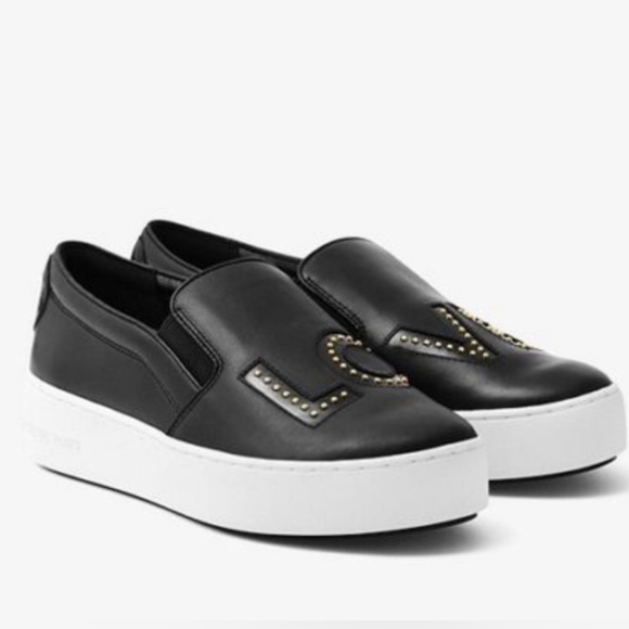 Michael Kors Trent LOVE leather slip on wedge loafer sneaker black size 9.5 - Picture 1 of 12